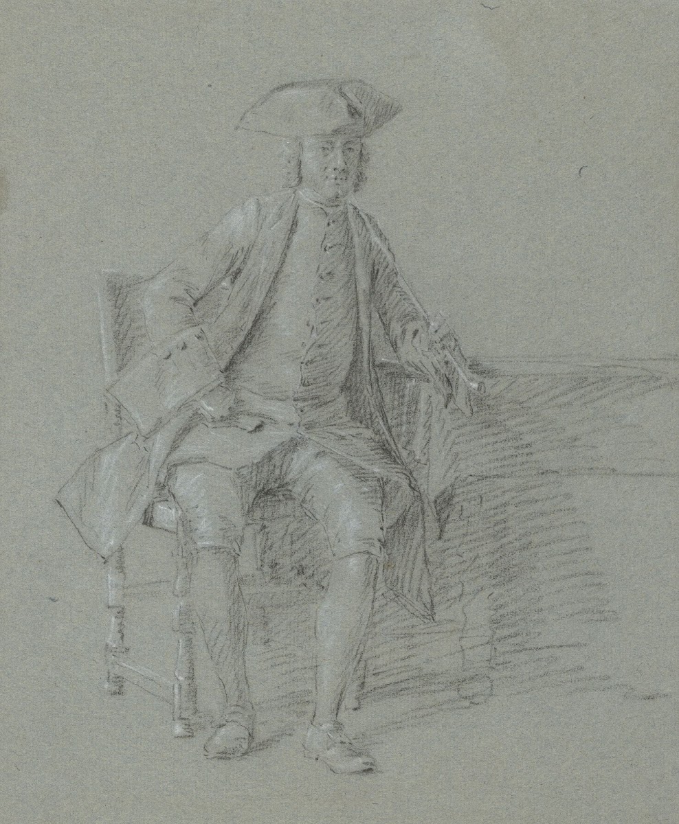 Man met steek met lange pijp in de rechterhand zittend aan tafel 18th century