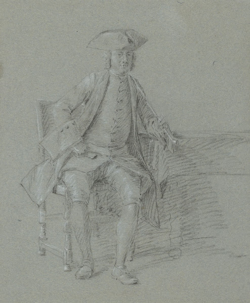 Man met steek met lange pijp in de rechterhand zittend aan tafel 18th century