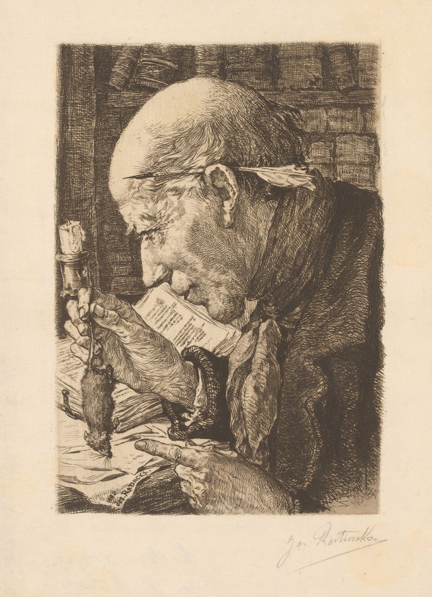 Man seated in front of a bookcase with a quill behind his ear and a mouse in his