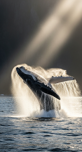Dramatic Close-Up of a Humpback Whale Breaching in Sunlit Mist Near a Cliff Face