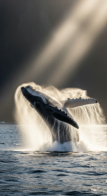 Dramatic Close-Up of a Humpback Whale Breaching in Sunlit Mist Near a Cliff Face - Free mobile Wallpaper