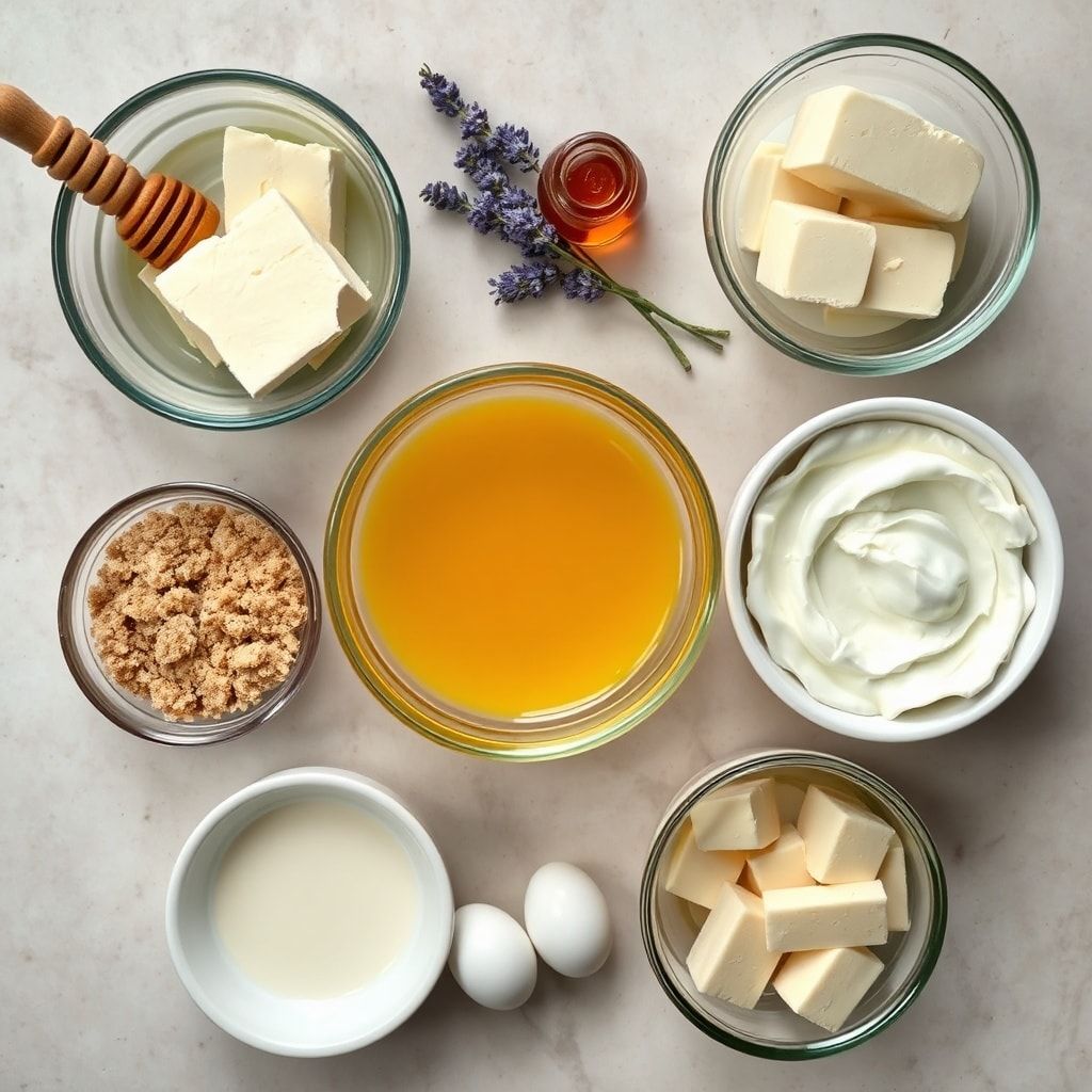 Ingredients for Honey Lavender Cheesecake with Creamy Honey Glaze – Easy Homemade Dessert