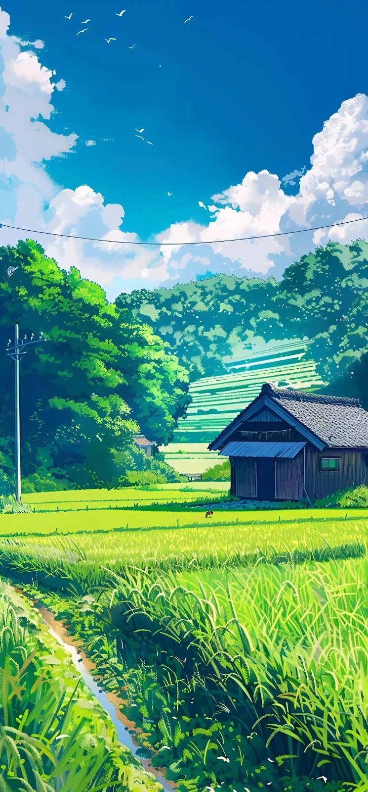 Scenic Japanese Rice Fields - Anime Art Style Full HD iPhone Wallpaper (1080x2321)