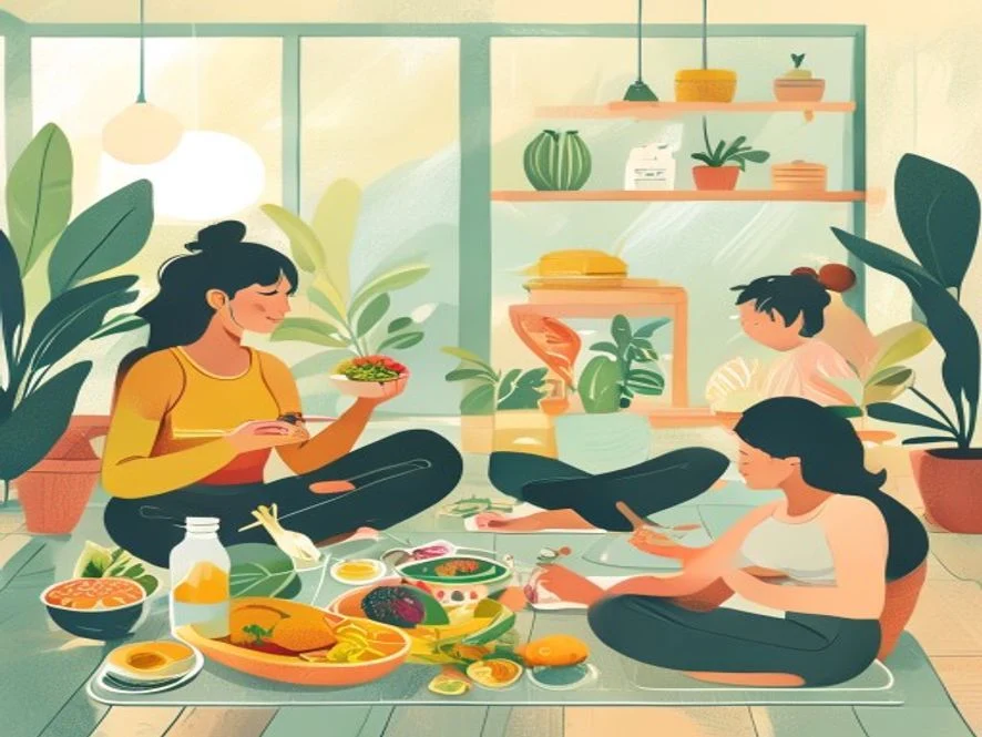 천천히 균형 잡힌 식사를 하고, 가볍게 운동하며, 편안하게 휴식하는 사람들의 모습으로 건강한 소화 습관을 보여주는 일러스트.