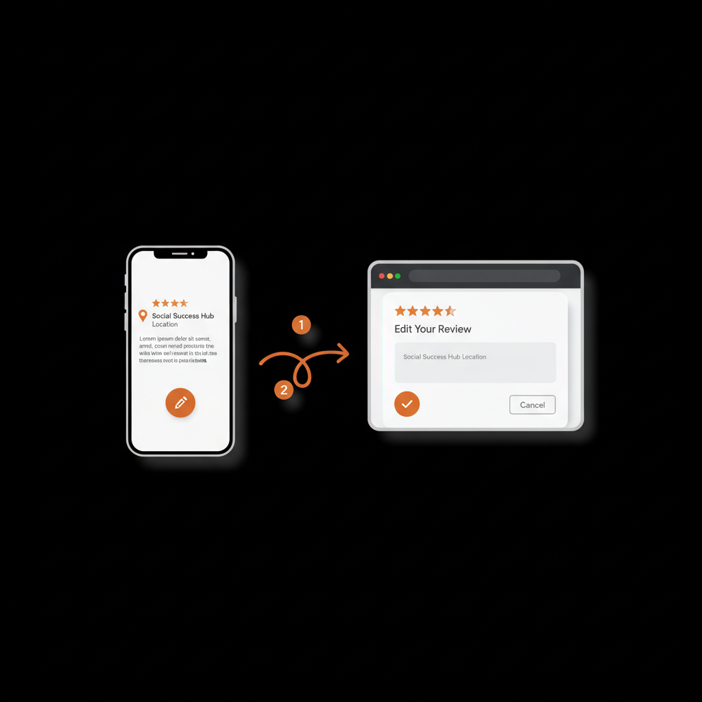 Minimal full-frame infographic of a phone and desktop side-by-side illustrating the edit my Google review flow with orange accent highlights on a black background