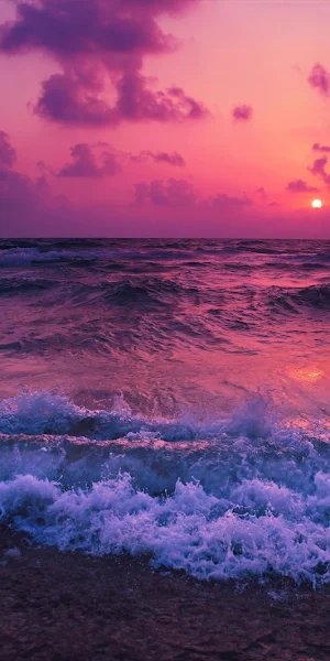 Ocean Waves, Purple Sunset, Beach Scene, Coastal Landscape 5K Wallpaper Background