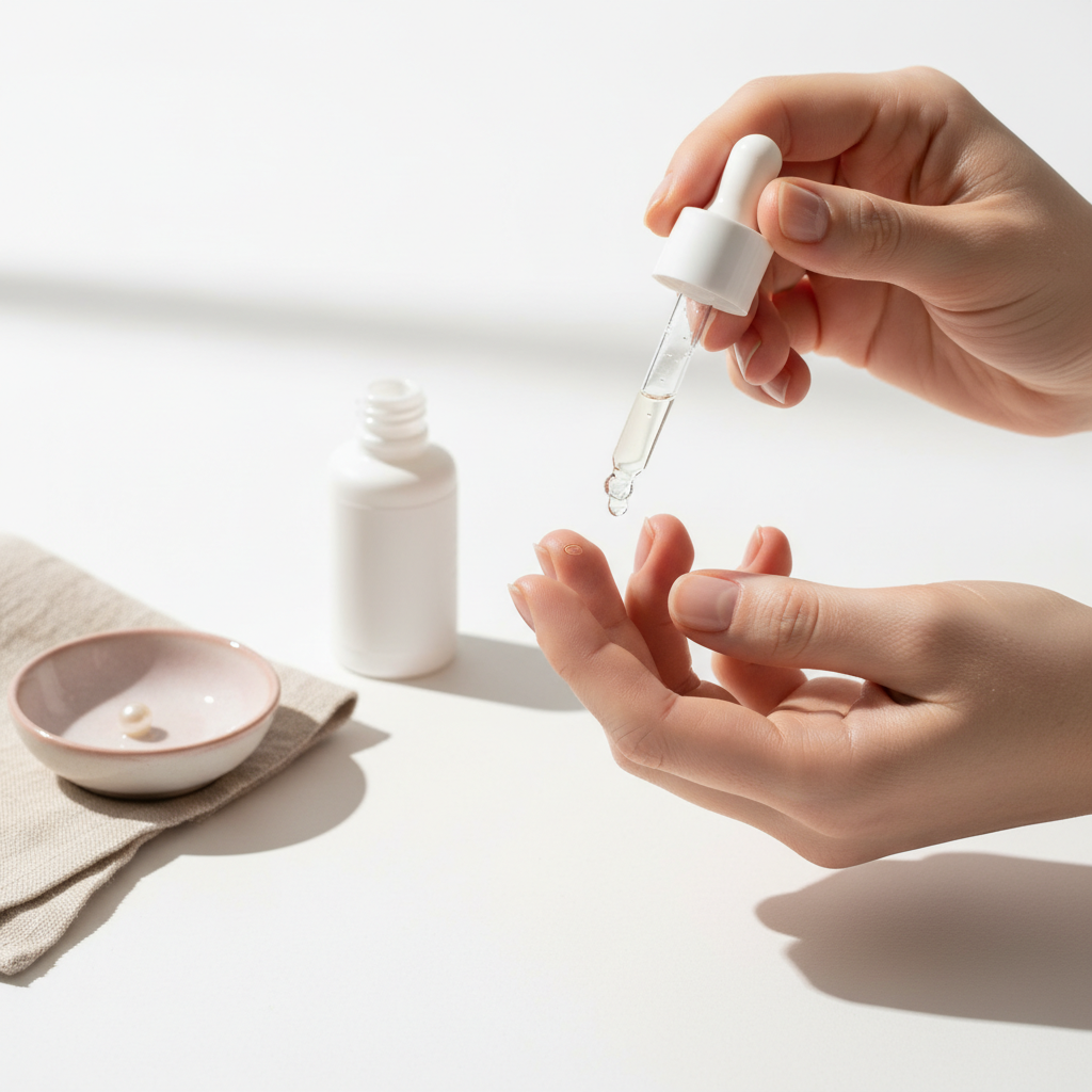 Hand-Nahaufnahme trägt Nagelhautöl auf Nagel vor weißem Hintergrund, sanfte NailX-Farben, Fokus auf Haut- und Öltextur — Welches Vitamin fehlt, wenn Nägel nicht wachsen?