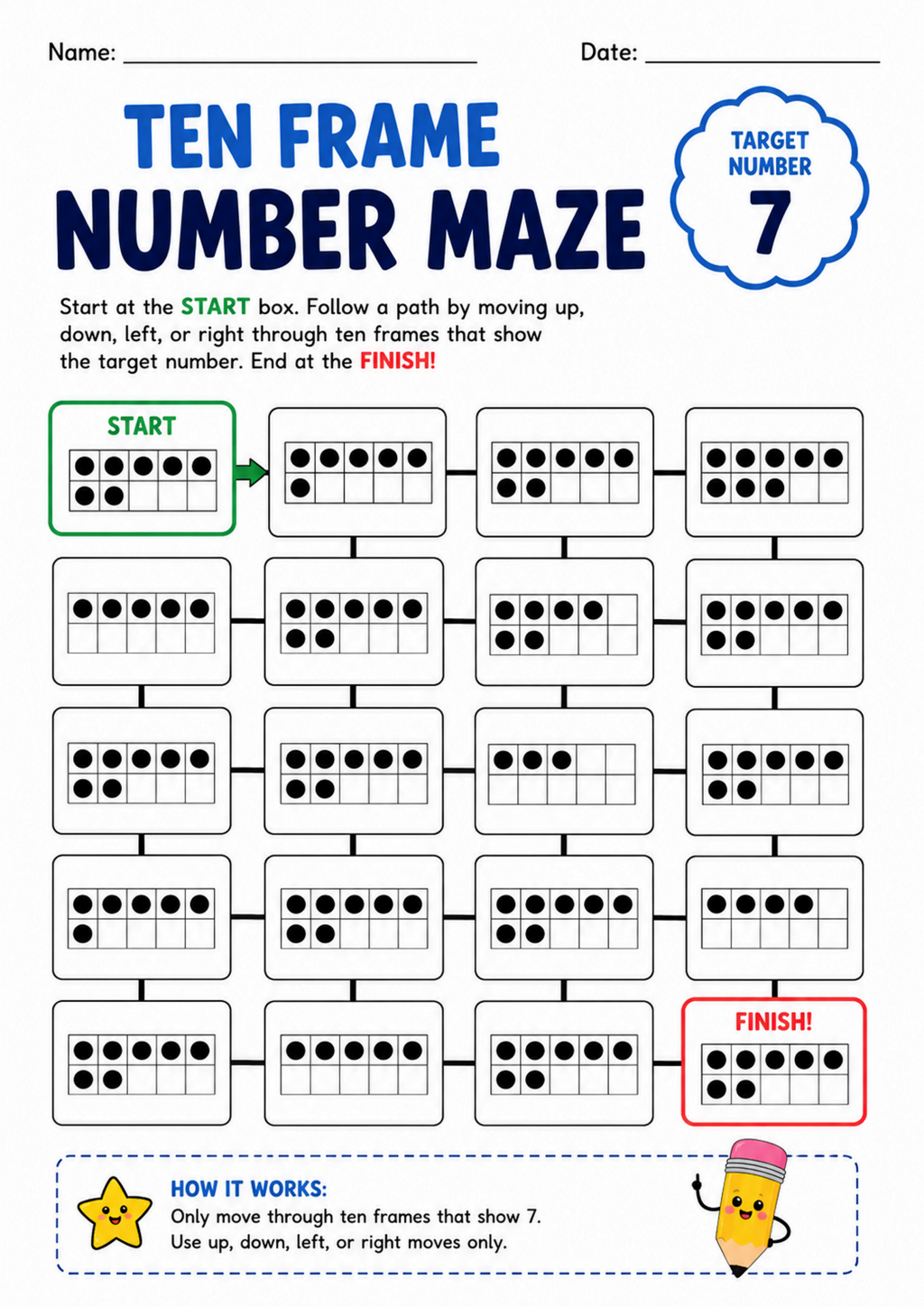 Ten Frame Number Maze Worksheet