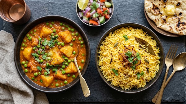 Dhaba Style Matar Aloo + Saffron Pulao