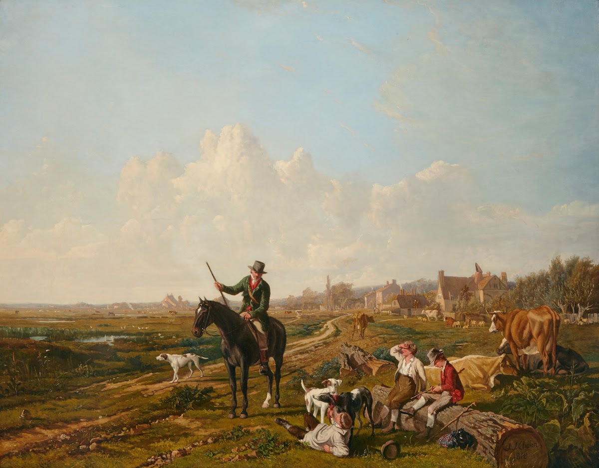 A mounted gamekeeper questions the cattle herders on their being found with a sp