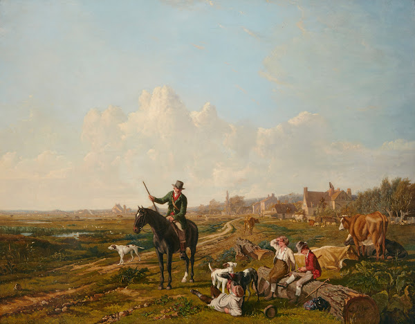 A mounted gamekeeper questions the cattle herders on their being found with a sp