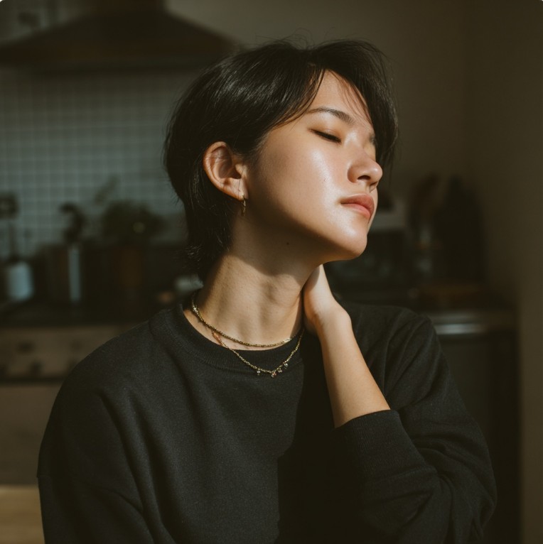 목 통증으로 불편해하는 일상적인 모습