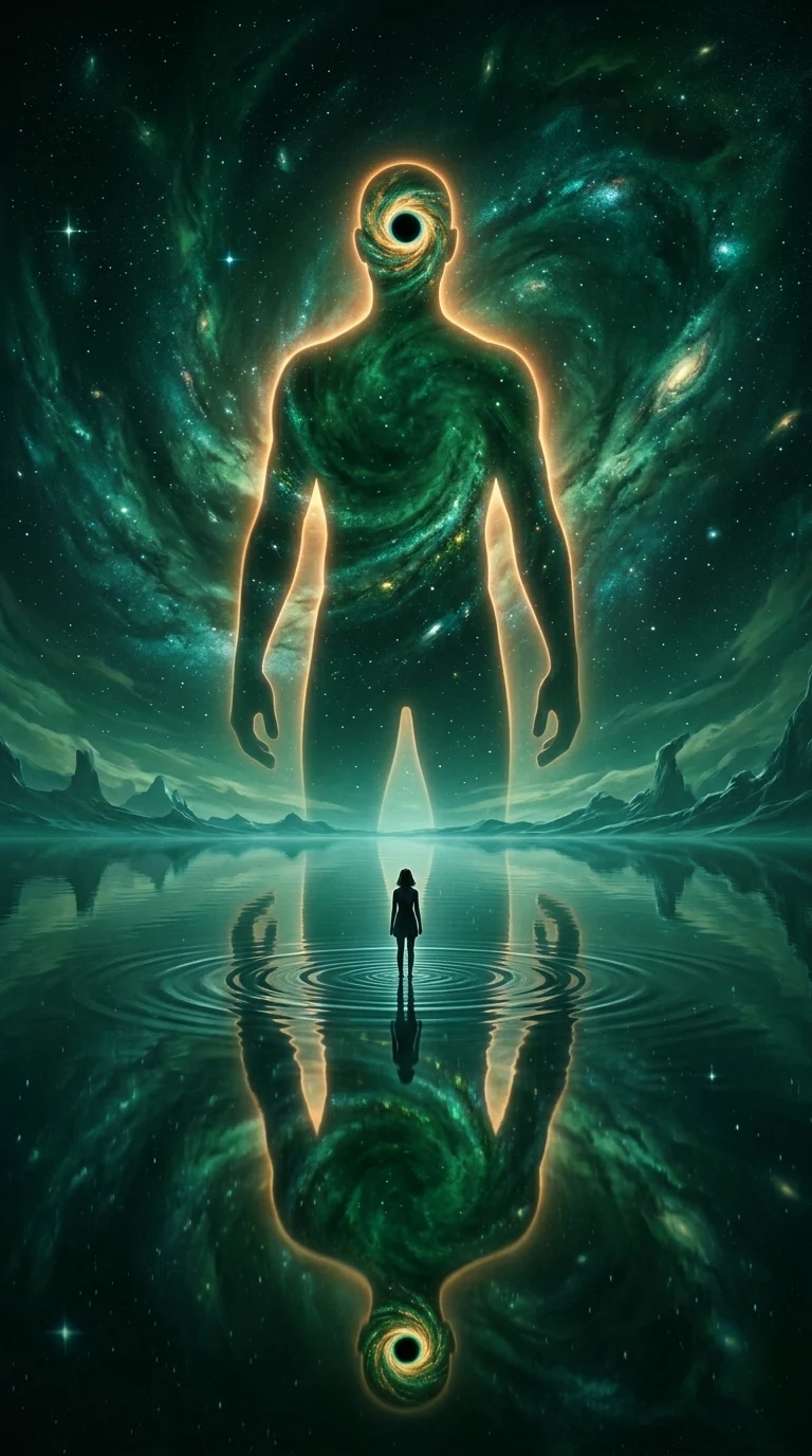 Surreal Figure Facing Towering Humanoid Silhouette with Galaxy Head - Free 4K mobile Wallpaper
