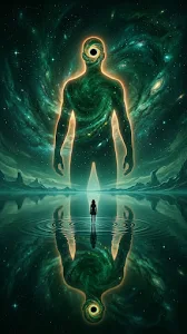 Surreal Figure Facing Towering Humanoid Silhouette with Galaxy Head