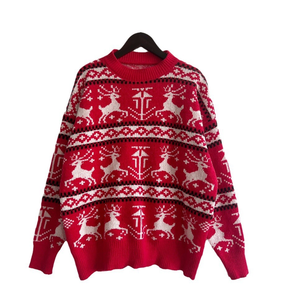 Women's Christmas sweater with reindeer motif, round neck