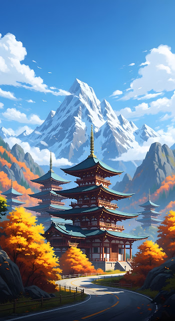 Japanese Pagodas Against Snowcapped Mountains in Autumn - Free mobile Wallpaper