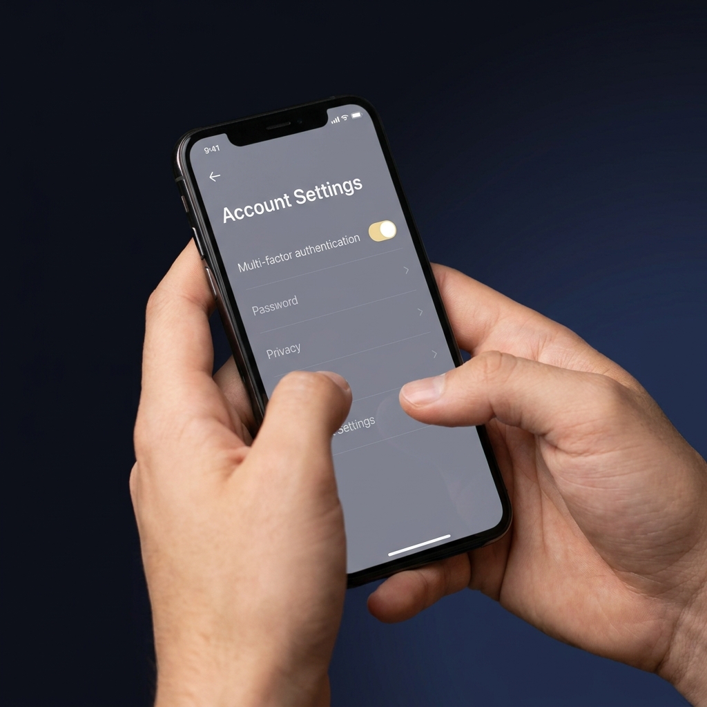 Close up of hands holding smartphone displaying account settings with MFA toggled on minimalist Funded Plays colors mystake sportsbook