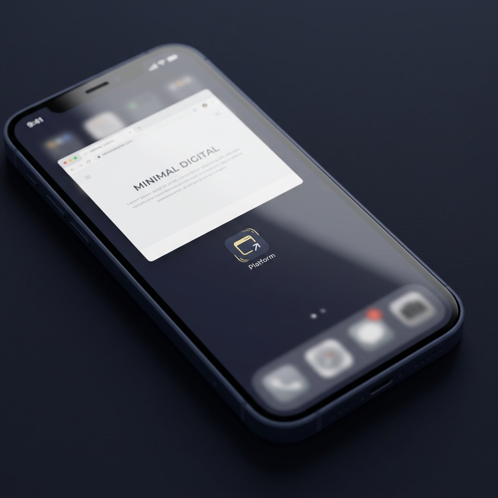 Full frame closeup of a smartphone home screen with a saved website shortcut labeled Platform and a browser open showing a minimal site in Funded Plays brand colors 10101a 1e1e31, 1st bet app download