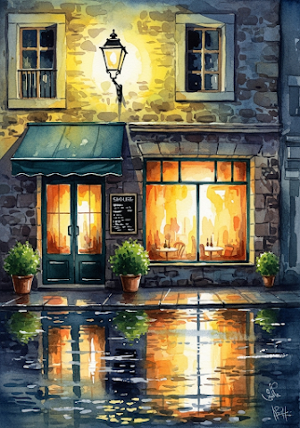 Rainy Paris Cafe Cozy Watercolor Street Scene