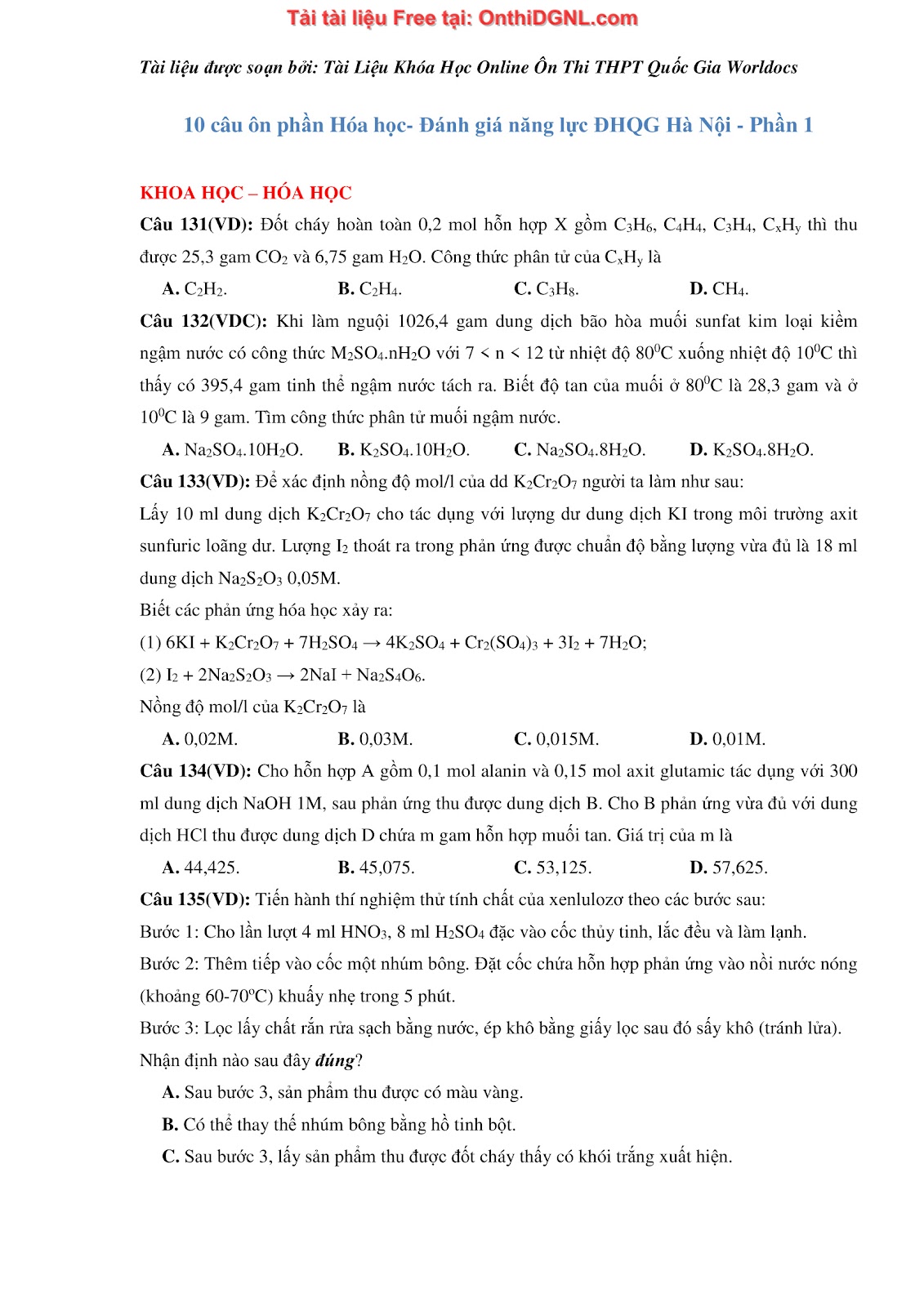 260 bài tập môn Hóa học - Ôn thi ĐGNL ĐHQG Hà Nội