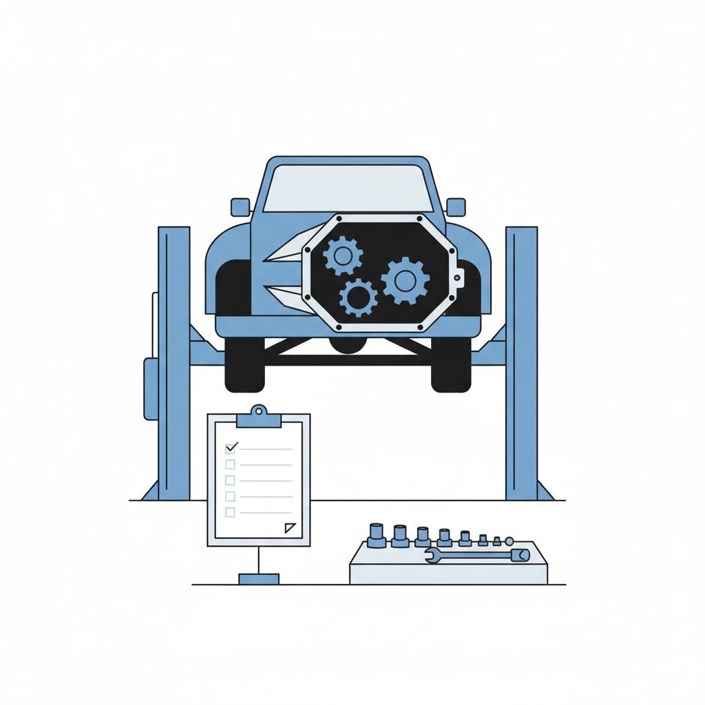 Minimalist 2D vector of a truck transmission inspection scene with a clipboard checklist and tools in the foreground representing chevy silverado for sale