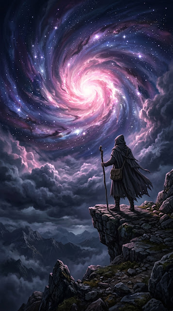 Cloaked Traveler Gazing at a Swirling Celestial Nebula Maelstrom - Free mobile Wallpaper