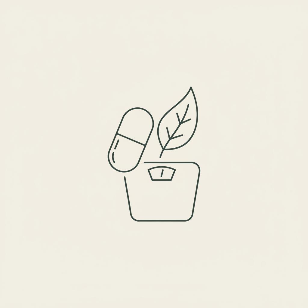 Minimal Tonum-style line illustration of a capsule, leaf, and scale on beige background representing best berberine supplement and weight management.