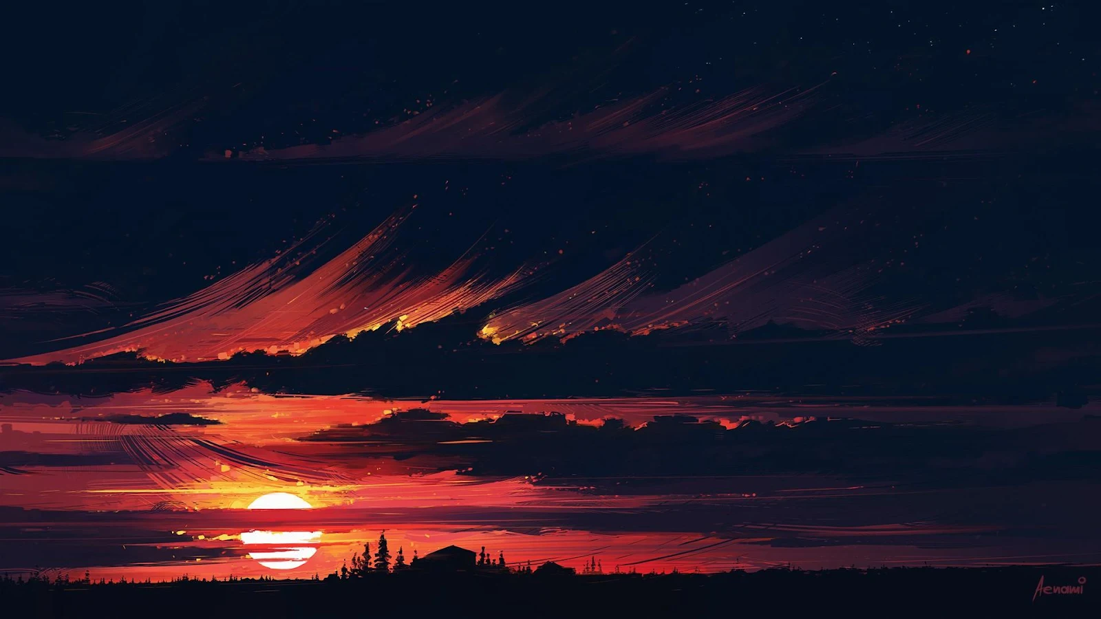 Fiery Sky Over Dark Horizon - Digital Painting Art Full HD Wallpaper (1920x1080)