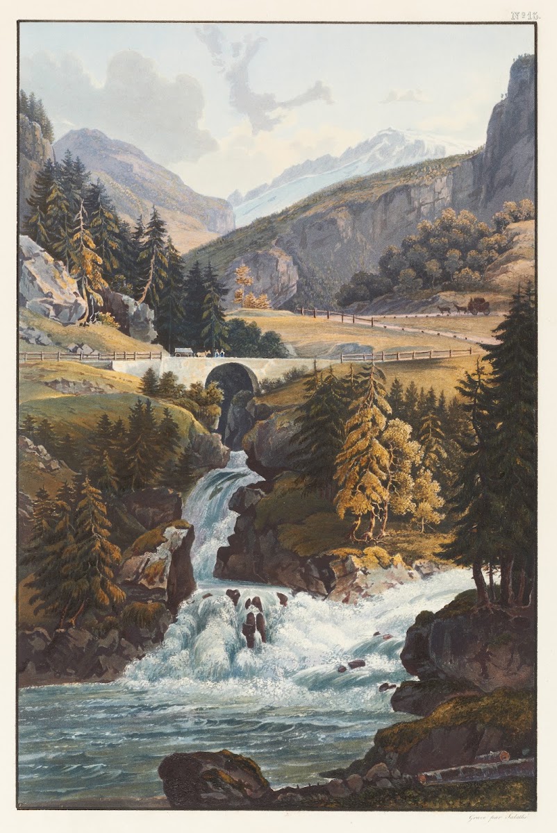 Vue de la cascade du Rhin et du torrent dAvers dans le Roflen