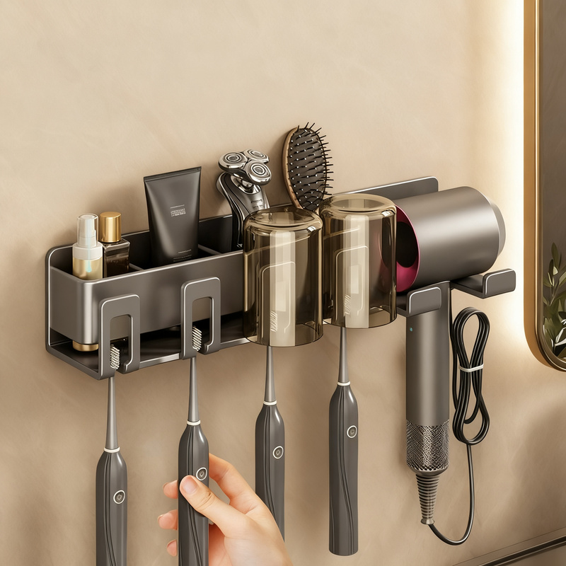 Toothbrush and hairdryer holder made of aluminum, suction cup