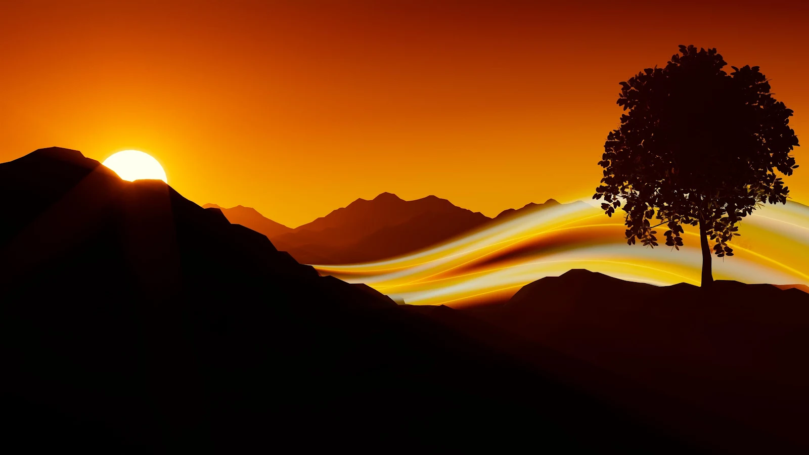 Lone Tree At Sunset Landscape - Digital Landscape Art 4K Wallpaper (3840x2160)