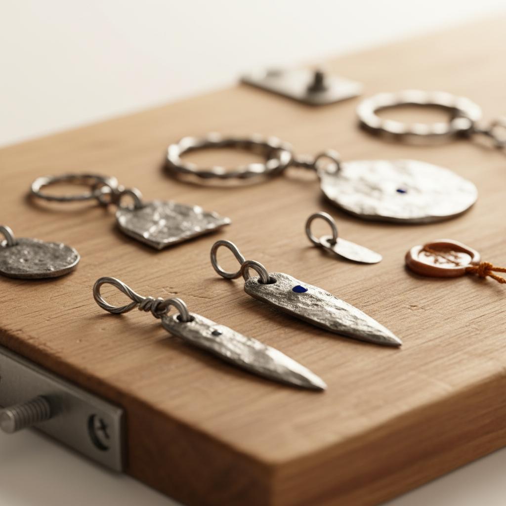 Nahaufnahme handgefertigter Metallanhänger und Schlüsselanhänger auf Holzbrett, warme Beleuchtung, dezenter #0044CC Akzent, ruhige Minimal‑Szene, zeit schenken