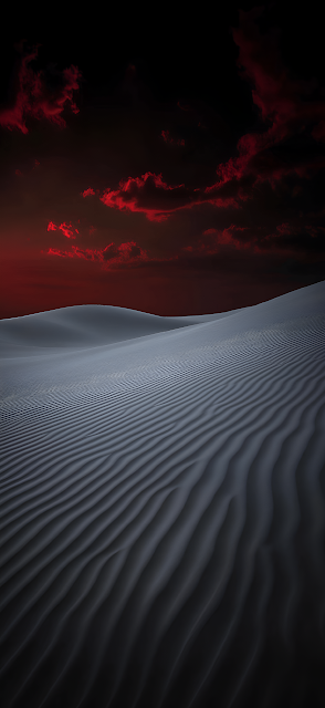 Ominous Red Sky Over White Sand Desert Dunes Landscape - Free mobile Wallpaper