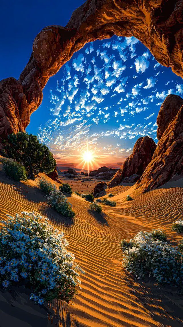 Desert Sunrise Through Rock Arch - Digital Landscape Art iPhone Wallpaper (640x1141)