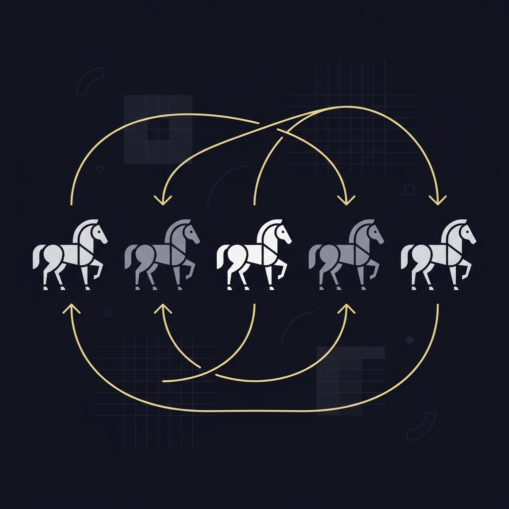 Minimal 2D vector infographic of five horse icons and arrows illustrating permutation orderings for 5 horse trifecta box cost on a dark navy background
