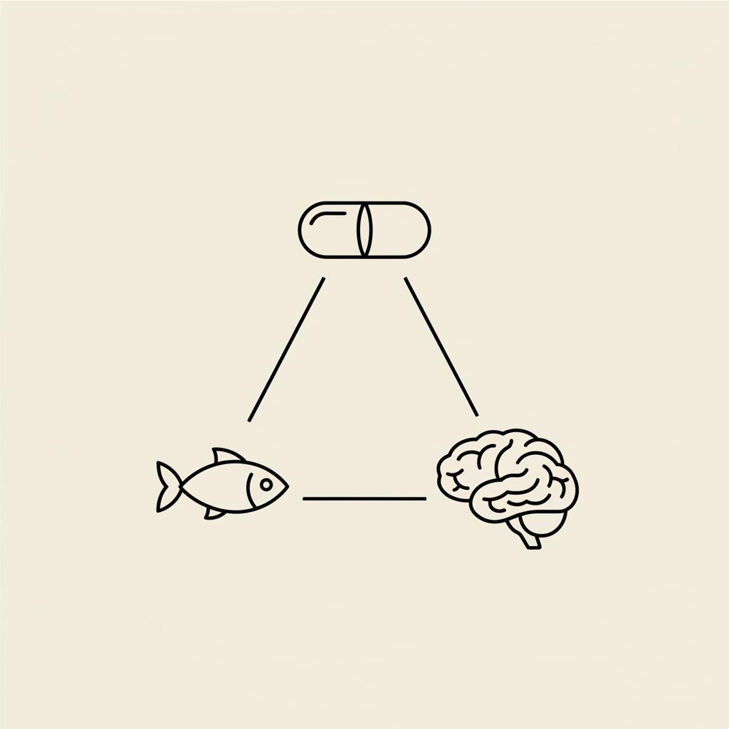 Tonum-style minimalist line illustration of a capsule, fish, and brain connected by thin black lines on a beige background — best supplements for focus