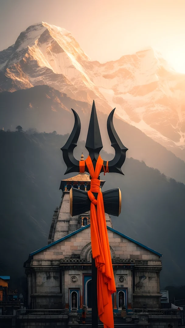 Trishula and Kedarnath Temple with Himalayas at Sunrise