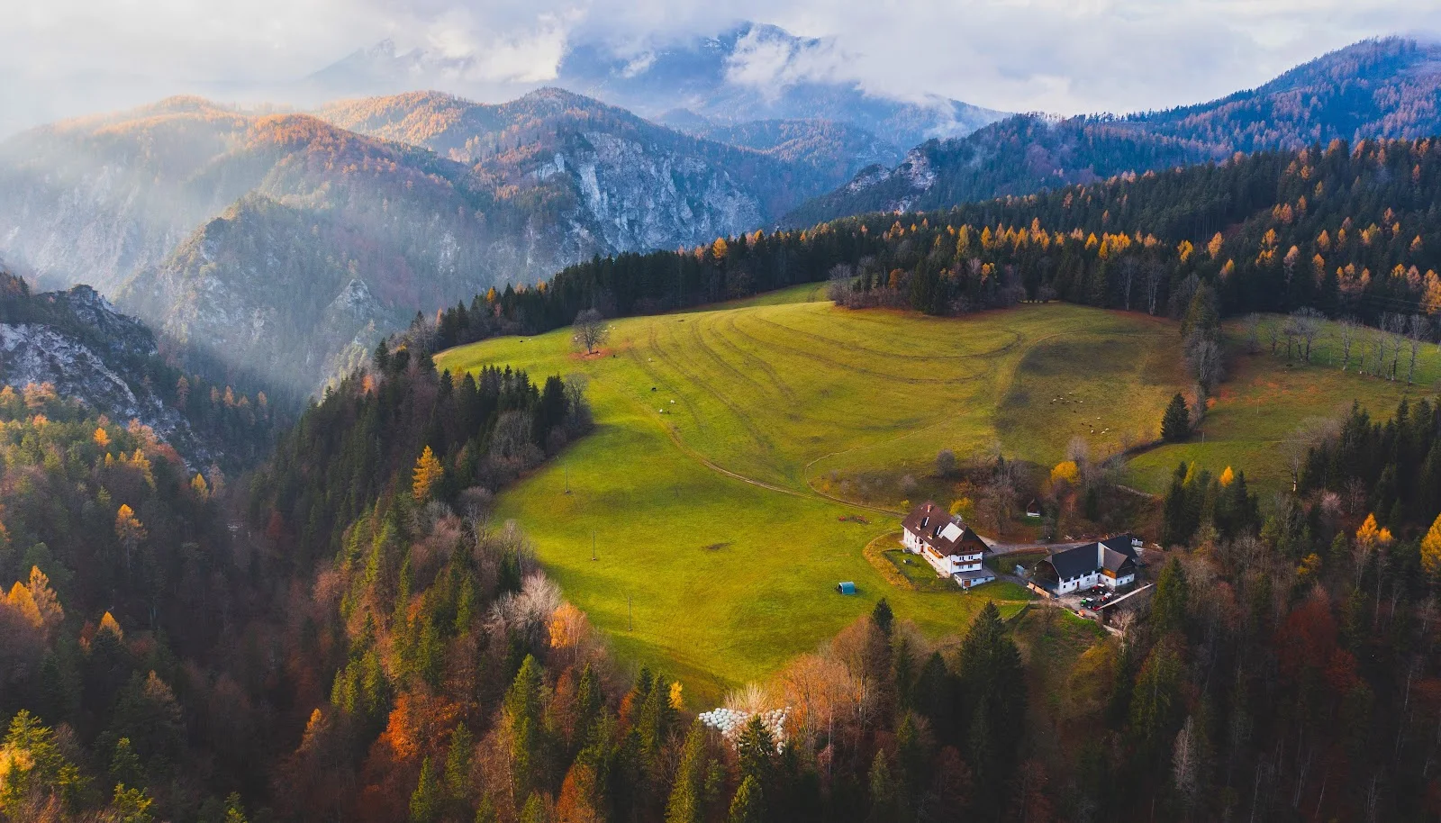 Mountain Meadow With Country Farmhouse - Landscape Photography 5K Wallpaper (5417x3094)