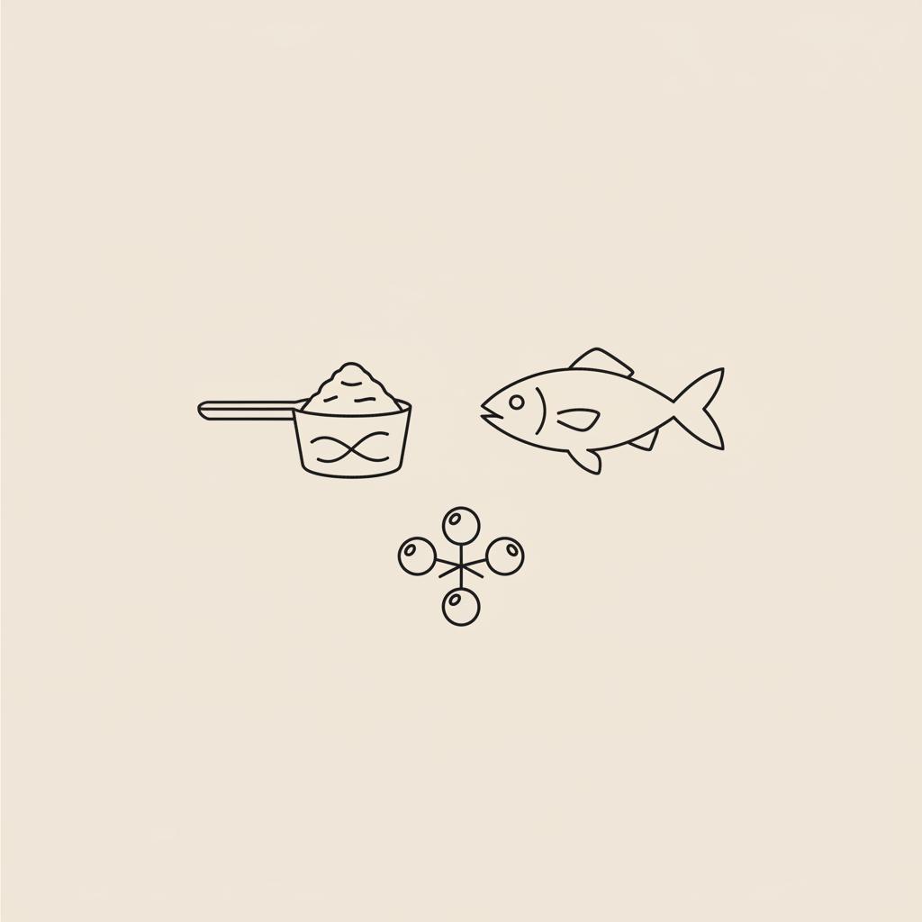 Minimal Tonum-style line illustration of a protein scoop, fish, and berry cluster on beige background representing best protein powder for weight loss