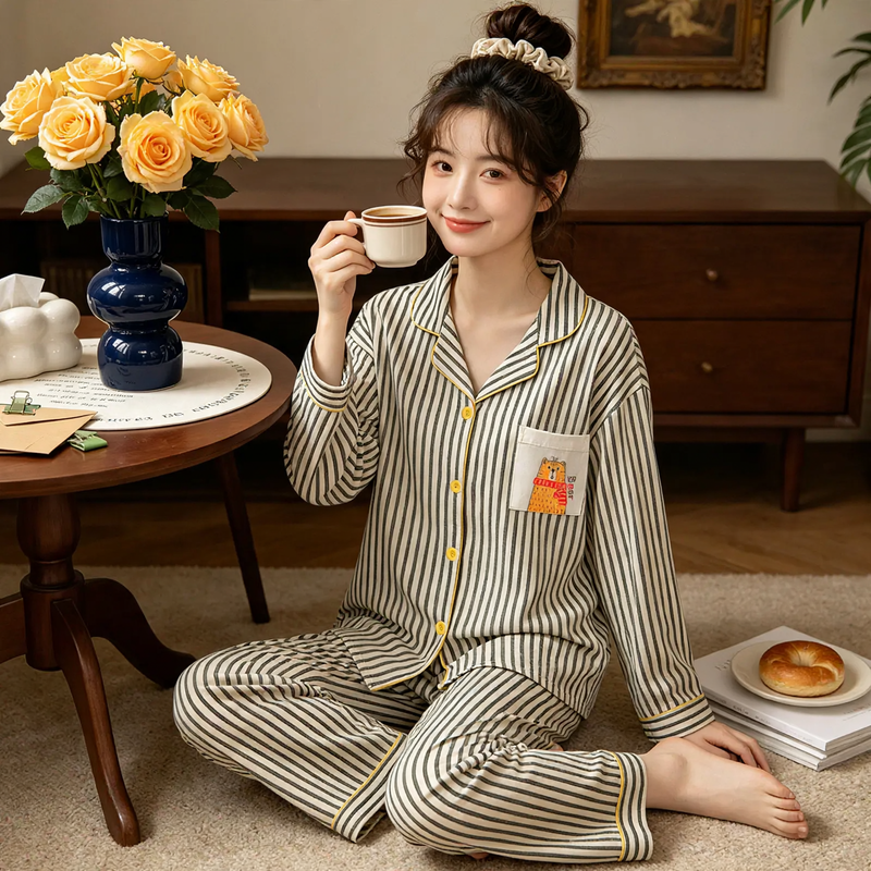 Women's pajamas, checkered, long sleeve, cotton imitation