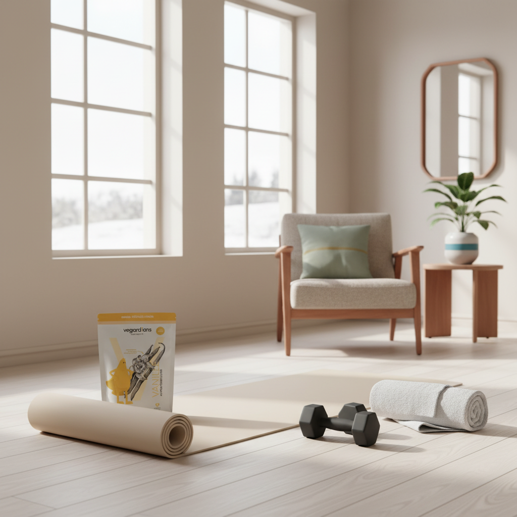 Minimalistisches skandinavisches Heim-Workout mit Yogamatte, Hanteln und Handtuch am Fenster bei Tageslicht, Produkt aus Referenzfotos sichtbar — effektivstes ausdauertraining