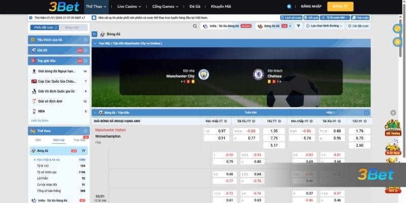 Tỷ lệ kèo Man City vs Chelsea 00h30 ngày 05/01/2026