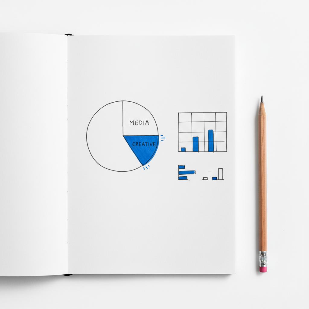 Close-up notebook sketch of a facebook ads budget: pie chart showing media vs creative allocation, small budget table as blocks, pencil beside page on white background