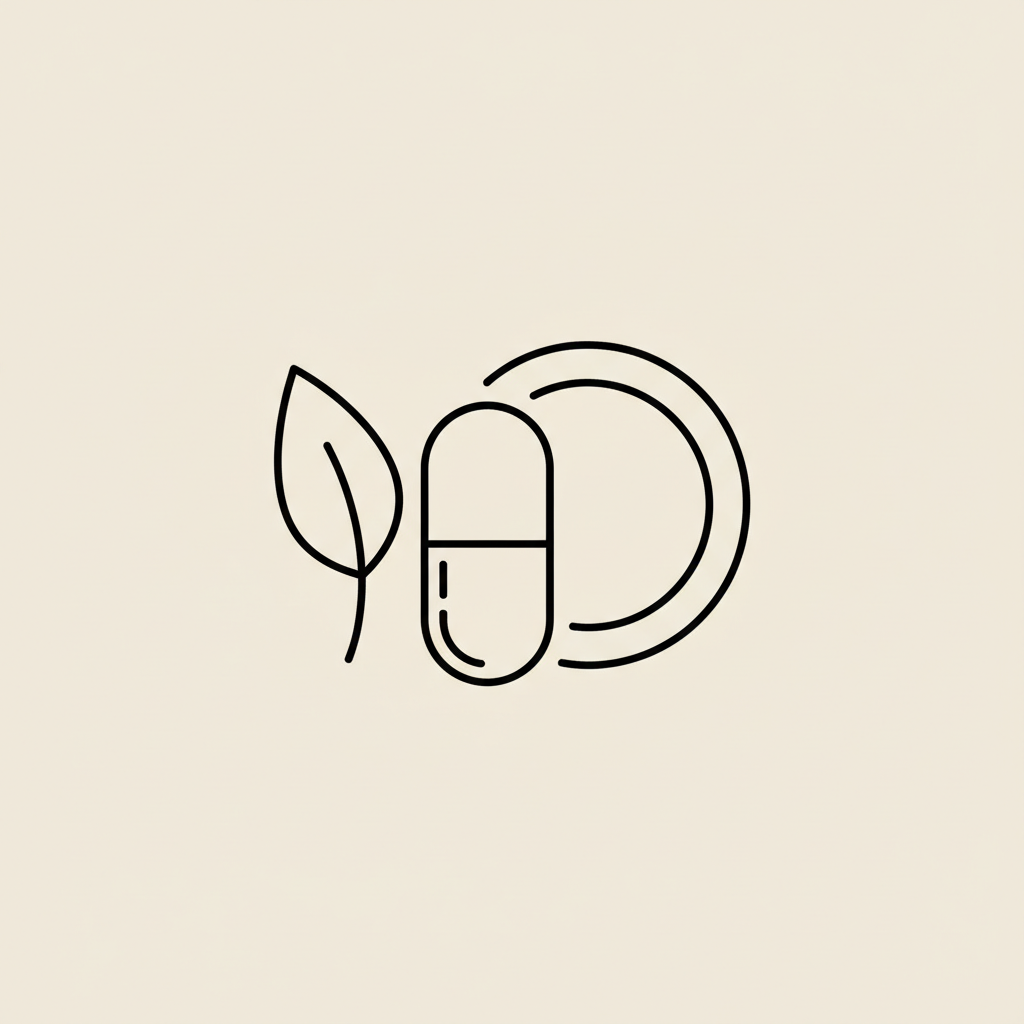 Minimalist Tonum-style line illustration of a capsule, leaf and plate on beige background representing nutrition and weight management — what over-the-counter works like Ozempic