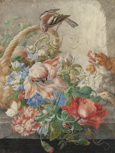 A basket with flowers in a stone niche with a barking dog and a bird