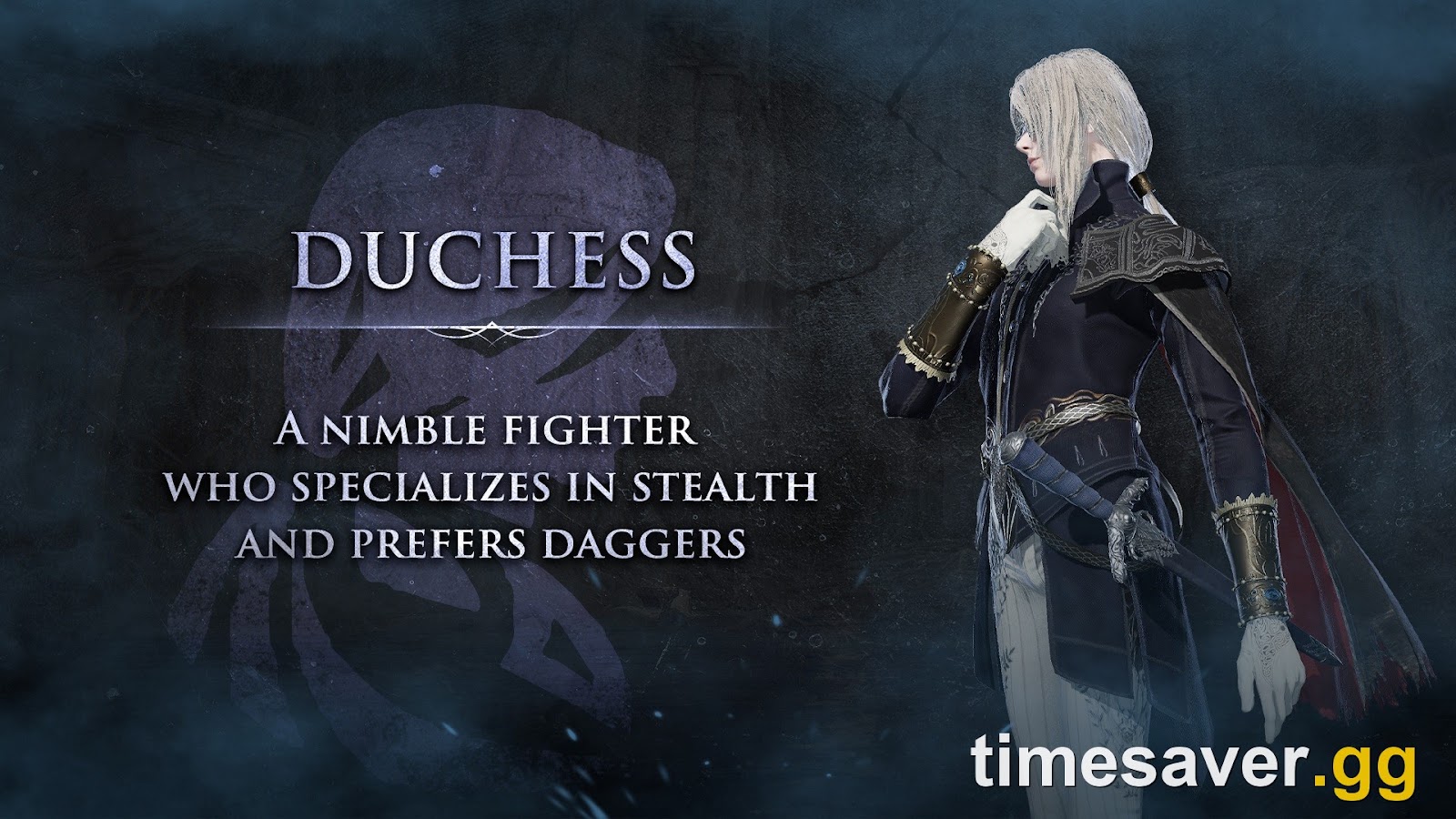 Elden Ring Nightreign Duchess character card — a nimble silver-haired fighter who specializes in stealth and daggers