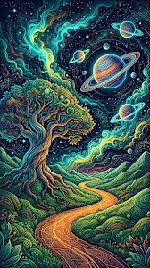 Psychedelic Abstract Illustration of a Tree and Planets in a Swirling Sky