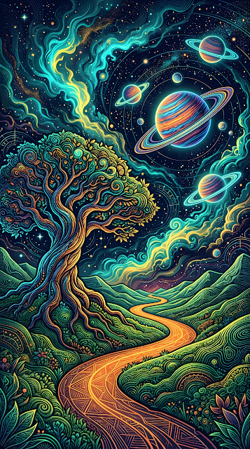 Psychedelic Abstract Illustration of a Tree and Planets in a Swirling Sky - Free mobile Wallpaper