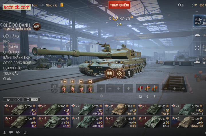 Acc có sẵn 6 tank cấp X: T-62A, IS-7, BZ-75, 113, AMX 50 B,...