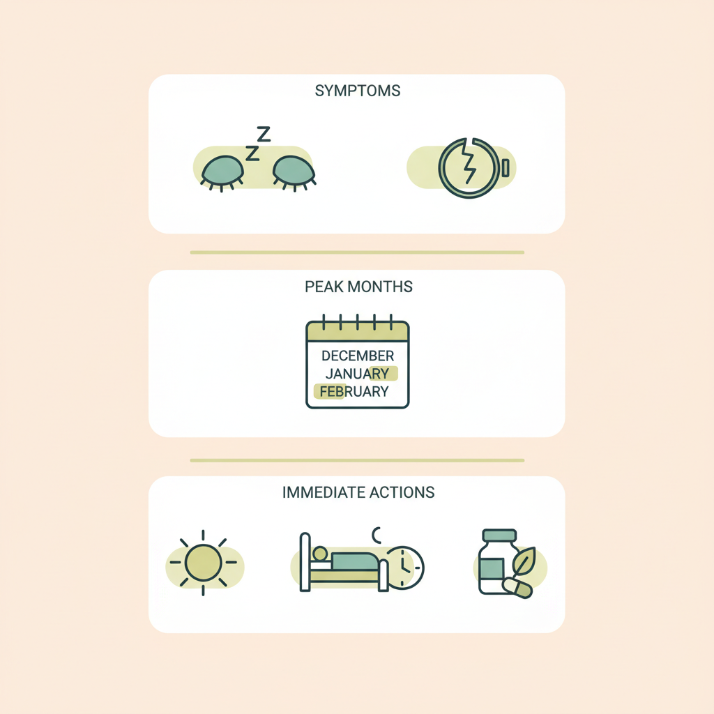 Minimalistische Infografik zu Winterdepression Symptome mit Piktogrammen für Symptome, Peak-Monate und Sofortmaßnahmen in Vegardians-Farben.